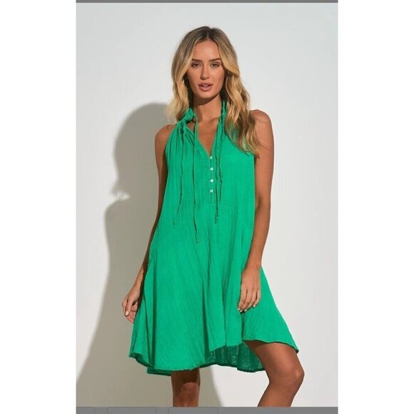 New Elan Green Halter Vneck Button Front Cotton Cover-Up Minidress Women Size L - Picture 1 of 8